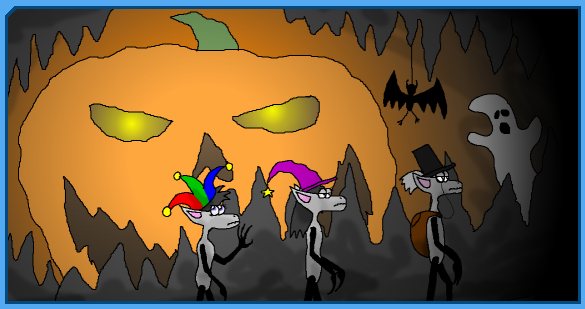 three Gnolls in comic hats passing in front of a giant pumpkin face