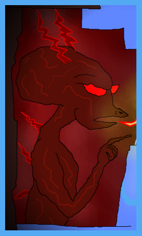 silhouette of head of large creature with back-projecting skull, turned-up snout and medium-sized level-set eyes, talking and gesturing to a Pale whilst breathing puffs of flame