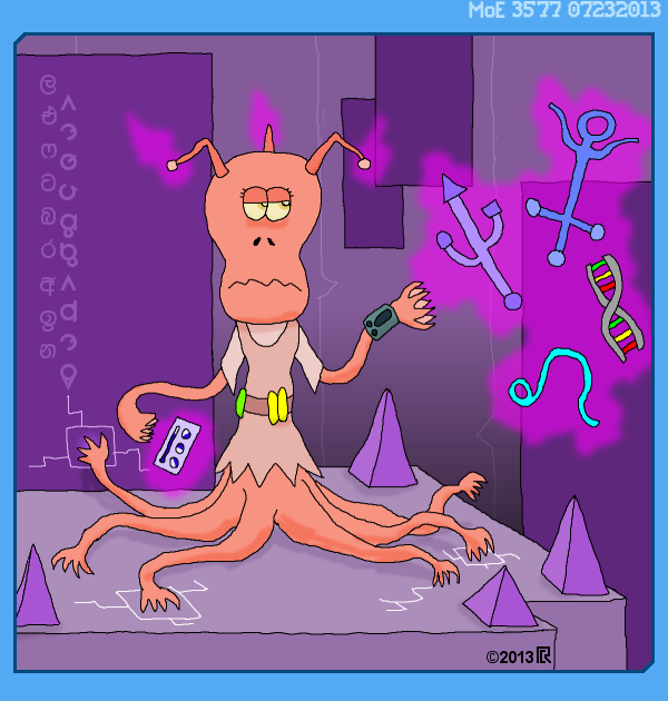 colour-drawing of vaguely bipedal, pale tan creature who has a head shaped like an upright dumbell with jointed bars sticking out of the top, also two bunches of three tentacles each in place of legs and a pair of single tentacles for arms, with each tentacle ending in a bunch of fingers: she is wearing a tunic and sitting on a platform on which diagrams are drawn and she is using her tentacles to manipulate these diagrams and various floating symbols and devices