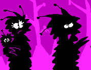 silhouette of two upright but vaguely weasel-shaped creatrues, one of them carrying an infant, all covered with shaggy hair and with three antenna-like processes on the head