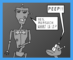 battered robot, like a spiky, angular C-3PO, seen from the hips up, wearing a bow-tie and talking to another robot resembling a three-eyed dog, of which just the head is seen
