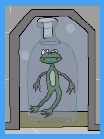 dead, frog-like biped floating in liquid in a giant bottle