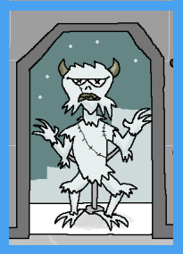 creature like a squat white monkey with duck feet, a snub nose and cow horns