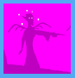 dark on light magenta silhouette of a robed humanoid creature with long pointed backswept ears and vestigial-looking, scrawny wings