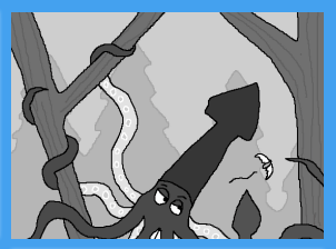 giant squid with a dark body and a fin at the end of its tail, high up among trees