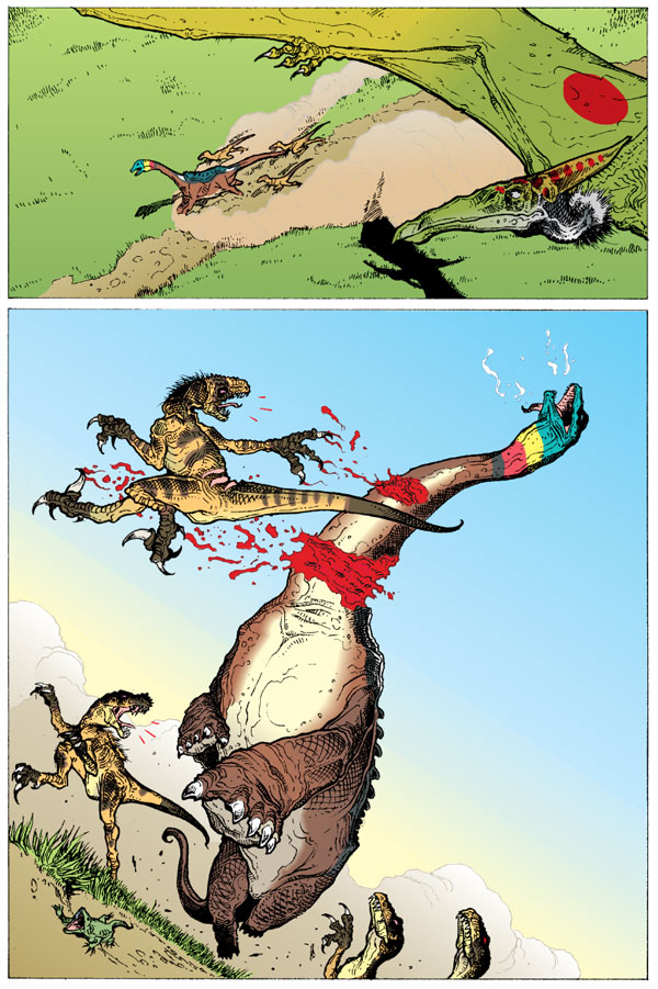 illustration from Age of Reptiles comic, showing asauropod being killed by pack of small reptiles, watched by a pteranodon soaring overhead