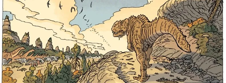 illustration from Age of Reptiles comic, showibng a Tyrannosaur walking along a mountain path, looking down at a mixed herd of herbivores