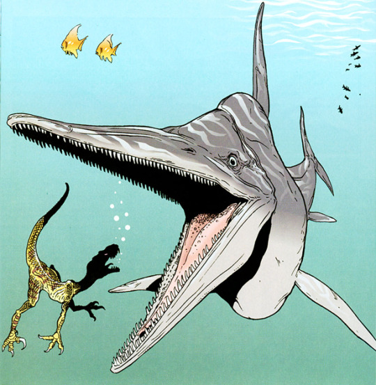 illustration from Age of Reptiles comic, showing small raptor about to be eaten by a giant ichthyosaur