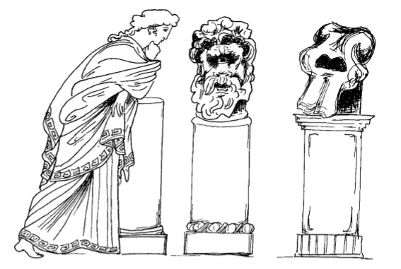 line drawing of Greek woman looking at a Cyclops head and an elephant skull displayed on plinths