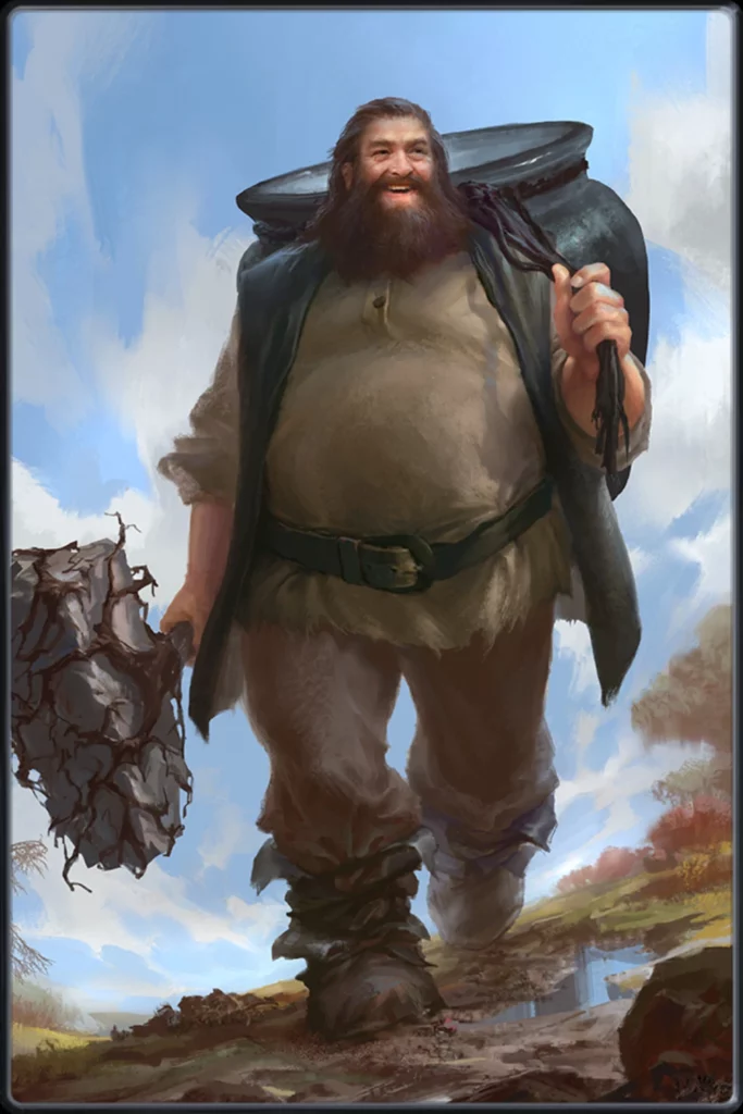 the Dagda, carrying his cauldron and hammer