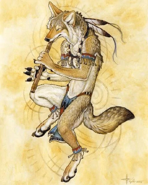 coyote in a loincloth and decorative arm and ankle bands, dancing and playing the flute