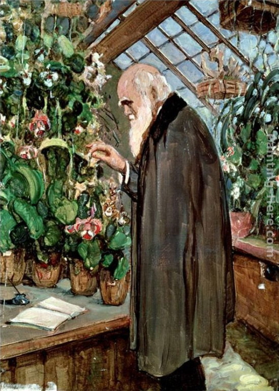modern painting of Darwin o8in greenhouse